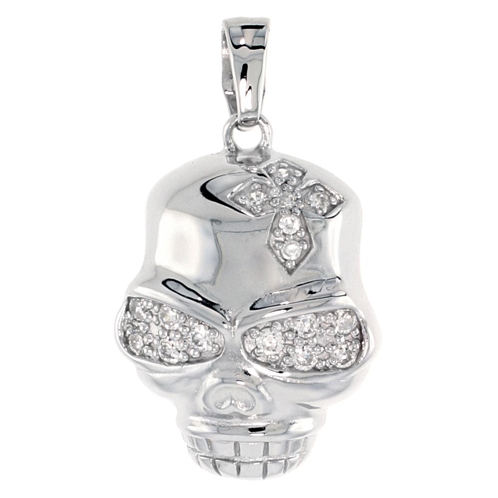 Sterling Silver Skull Pendant, w/ Cubic Zirconia jeweled Cross, 15/16 (23 mm)