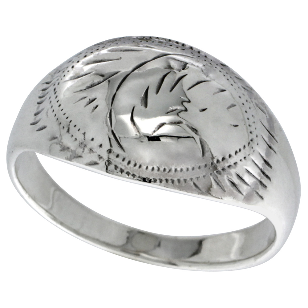 Sterling Silver Engraved Dome Ring Hollow 7/16 inch wide, sizes 6 - 14