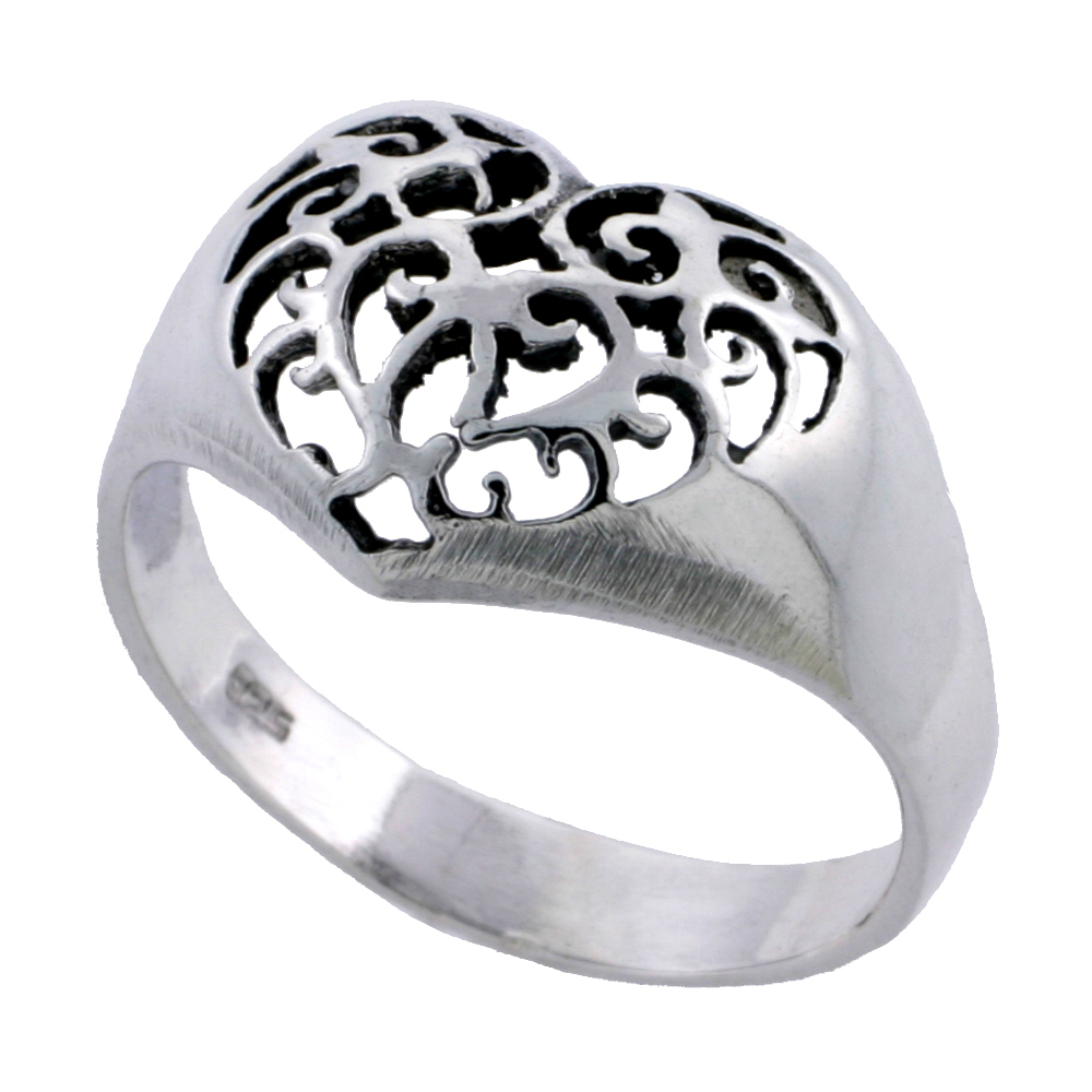 Sterling Silver Filigree Heart Ring 7/16 inch wide, sizes 4 - 11