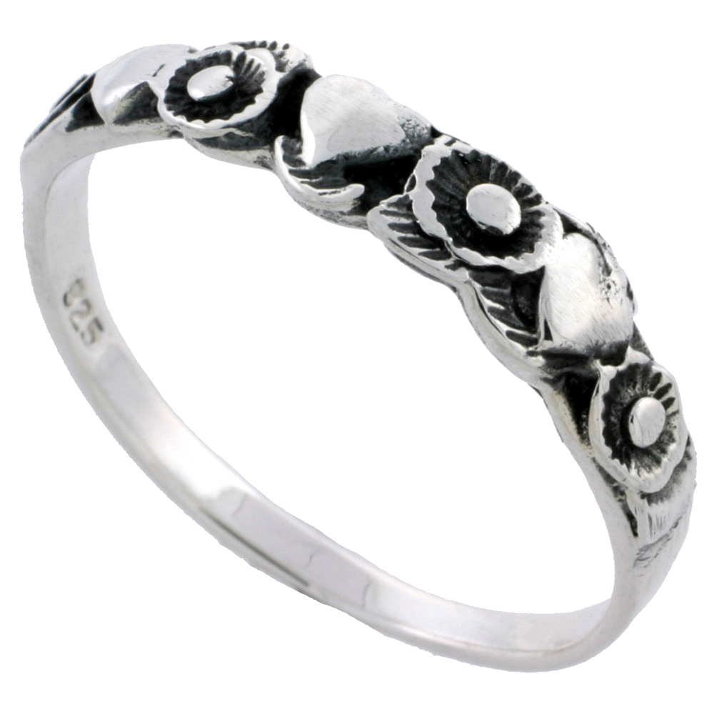 Sterling Silver Dainty Hearts &amp; Flowers Ring 3/16 inch wide, sizes 6 - 10