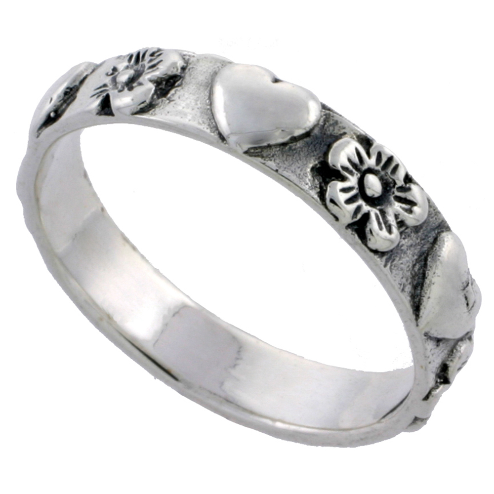 Sterling Silver Dainty Hearts &amp; Flowers Ring 3/16 inch, sizes 6 - 10