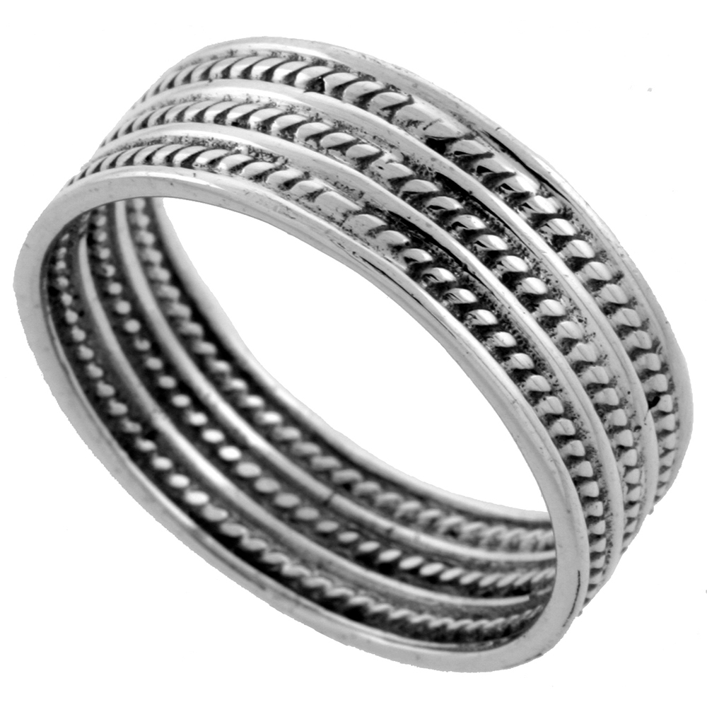 Sterling Silver Bali Style Rope Ring 3/8 inch wide, sizes 6 - 10