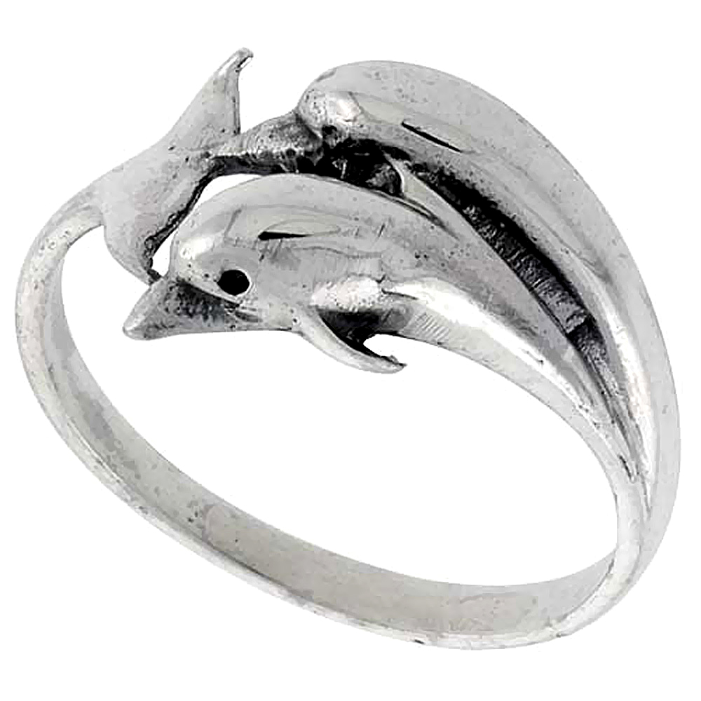 Sterling Silver Double Dolphin Ring 1/2 inch wide, sizes 6 - 10