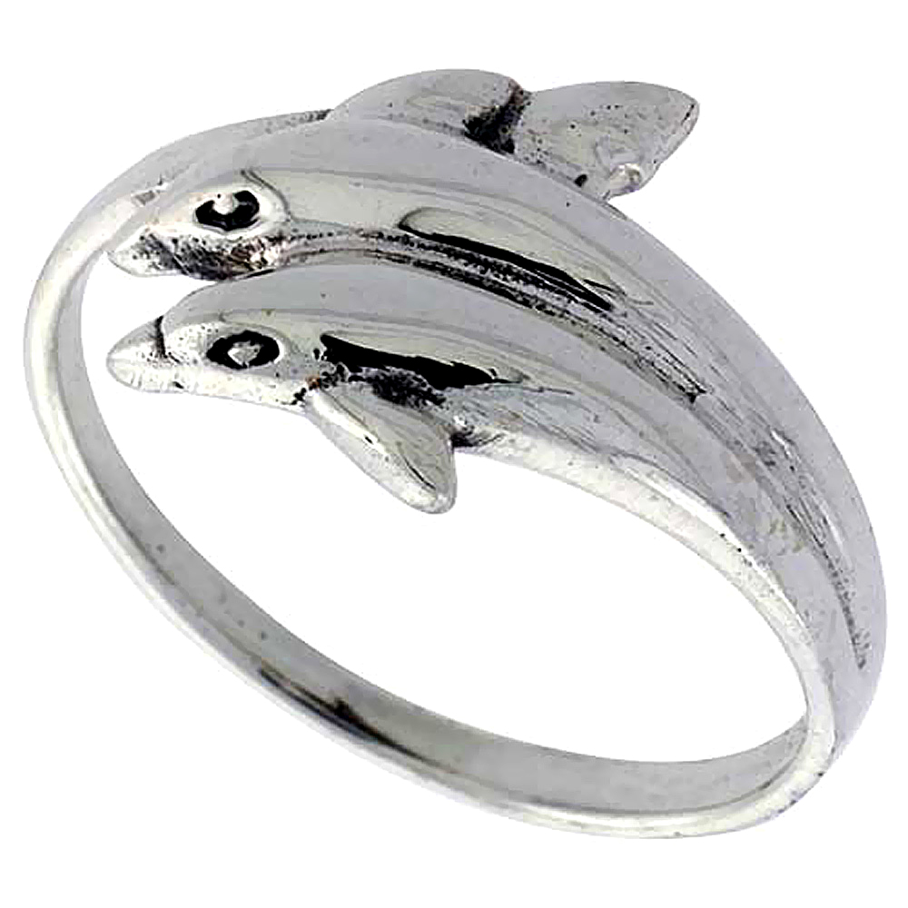 Sterling Silver Double Dolphin Ring 1/2 inch wide, sizes 6 - 10