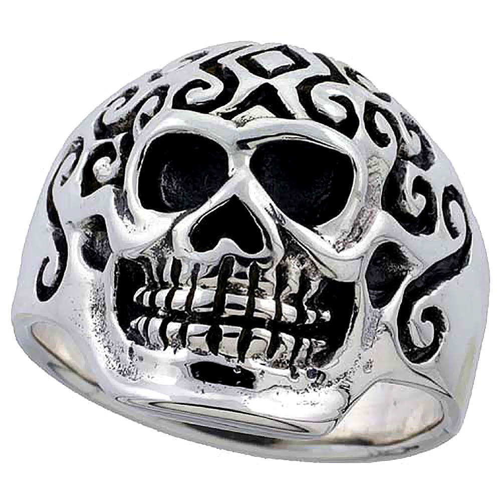 Sterling Silver Tattooed Skull Ring 7/8 inch wide, sizes 8 to 14