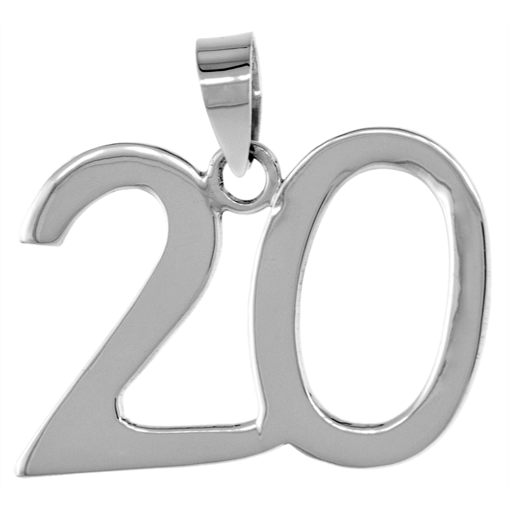 Sterling Silver Number 20 Pendant for Jersey Numbers & Recovery High Polish 3/4 inch