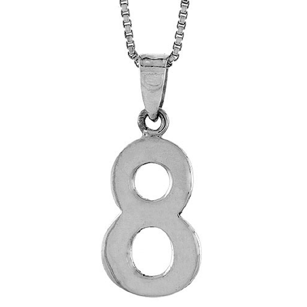 Sterling Silver Number 8 Necklace for Jersey Numbers &amp; Recovery High Polish 3/4 inch, 2mm Curb Chain