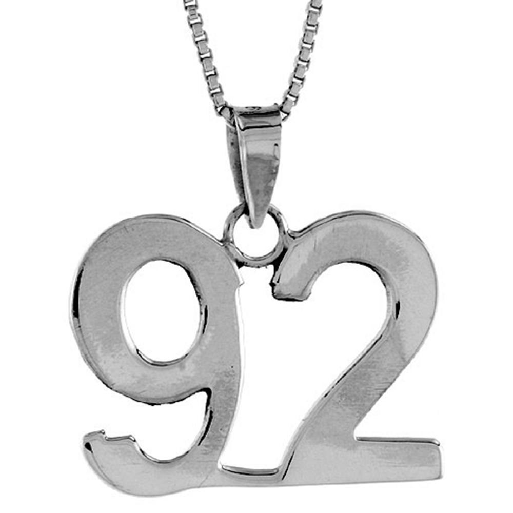 Sterling Silver Number 92 Pendant for Jersey Numbers & Recovery High Polish 3/4 inch
