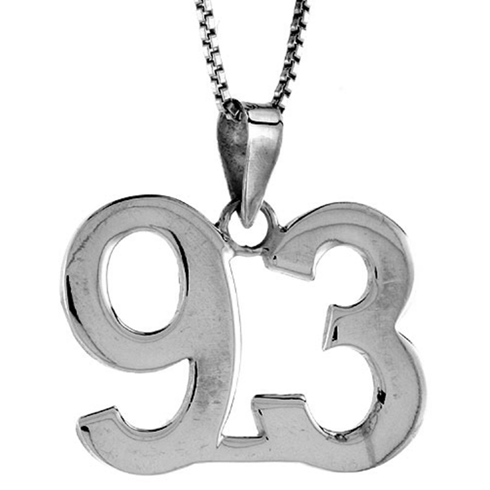 Sterling Silver Number 93 Pendant for Jersey Numbers & Recovery High Polish 3/4 inch